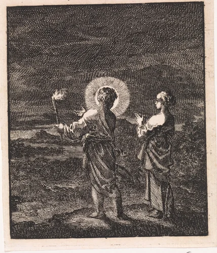 Christus verlicht voor de gepersonifieerde ziel de duisternis met een fakkel by Jan Luyken, print, 1714