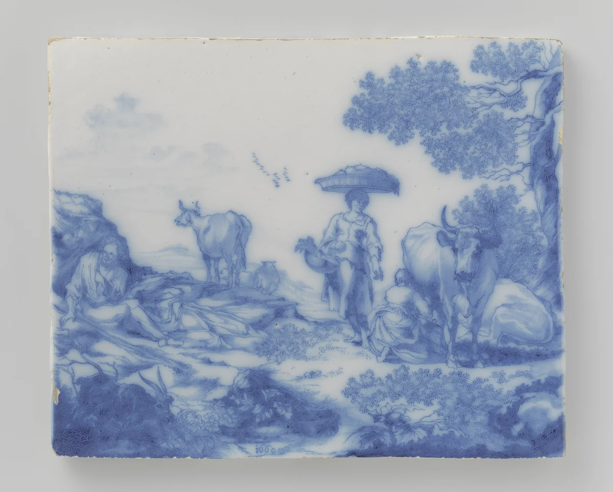 Plaat, beschilderd met een heuvellandschap met koeien by anonymous, print, 1660