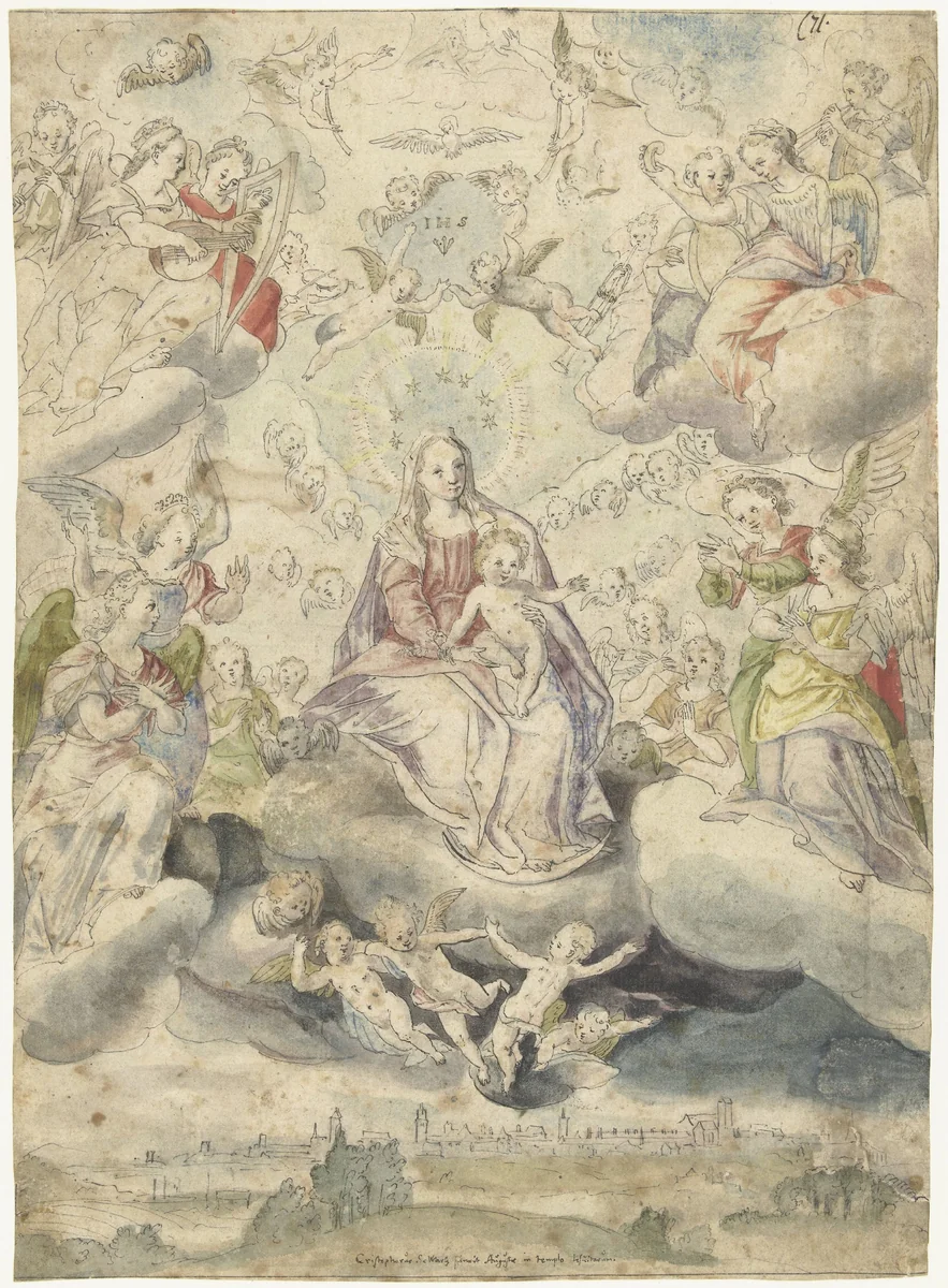 Maria en kind op de wolken te midden van engelen en cherubijnen by anonymous, drawing, 1575-1600
