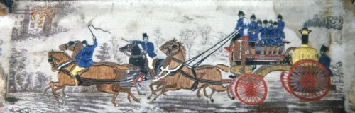 "The Fire Engine (Heroism on Land)" by Thomas Stevens, textile, 1875-1900