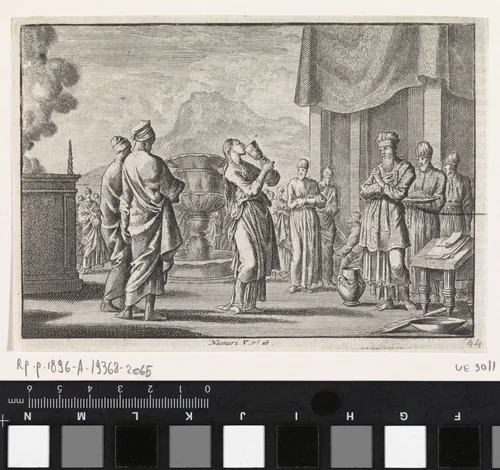 Ceremonie die vrouwelijke ontrouw test by Jan Luyken, print, 1703-1762