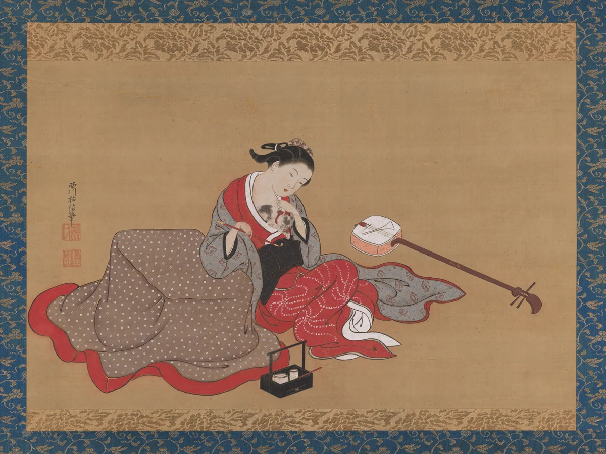 Courtesan with a Kitten by Nishikawa Sukenobu (西川祐信), painting, 1700-1733