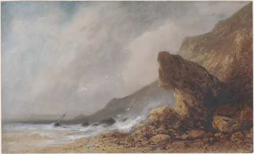 A Rocky Seacoast in a Storm by Gabriel Hippolyte Lebas, drawing, 1840-1849