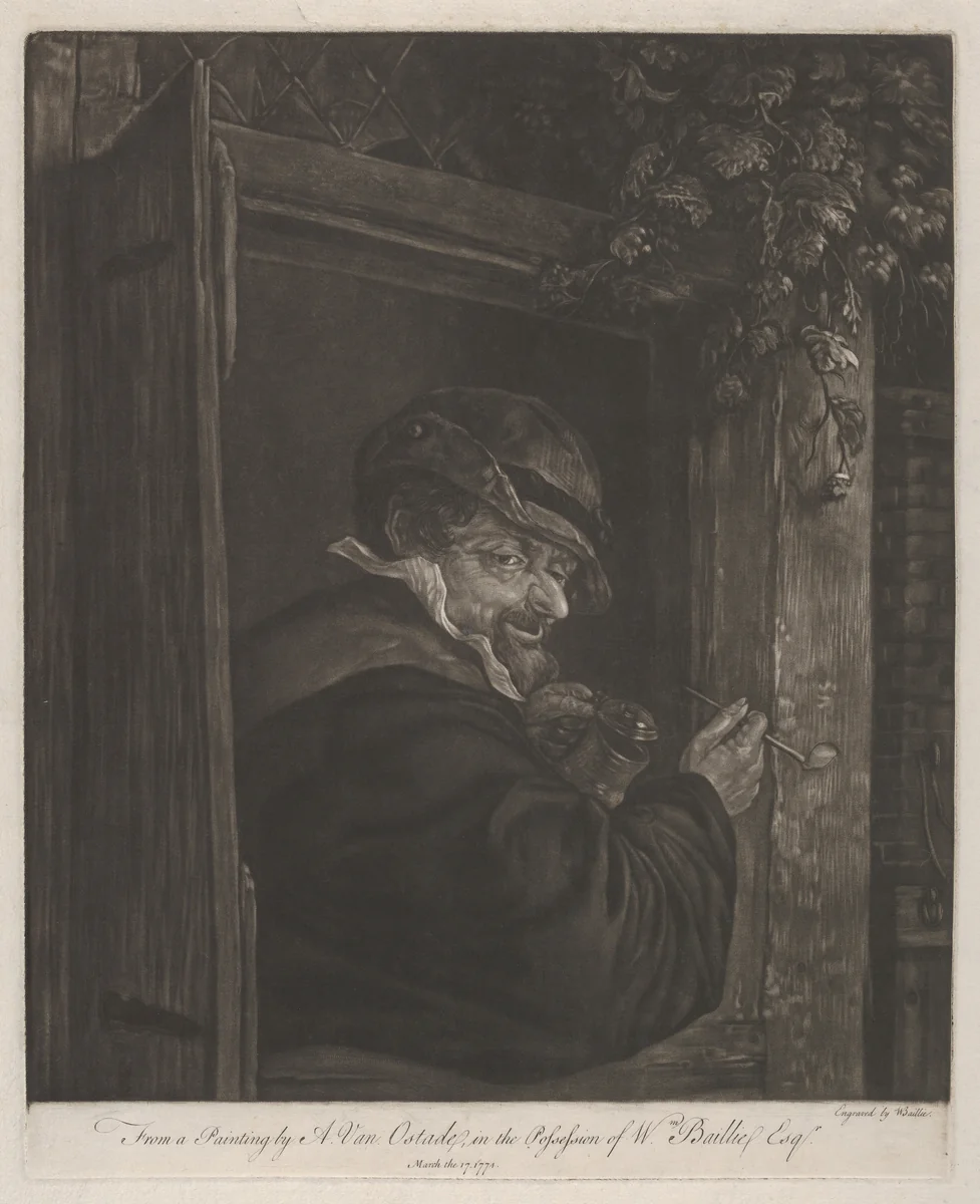 Man Smoking and Drinking at a Window by William Baillie, print, 1774