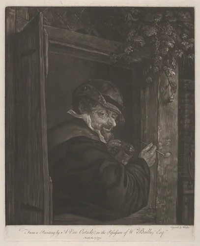 Man Smoking and Drinking at a Window by William Baillie, print, 1774