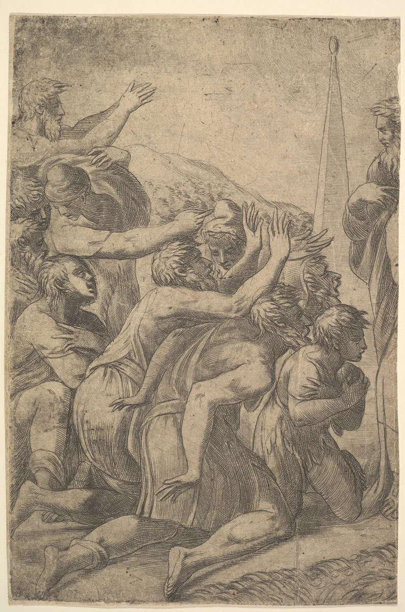 Christ standing at the right healing the lepers before him (left section of the print) by Andrea Schiavone, print, 1540-1550