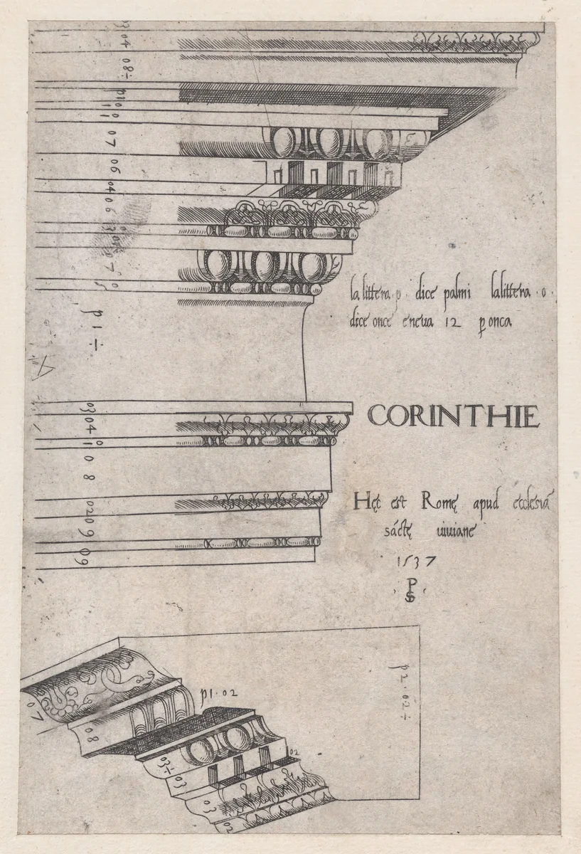 Corinthian entablature from Santa Bibiana, Rome, from "Speculum Romanae Magnificentiae" by Master PS, print, 1537