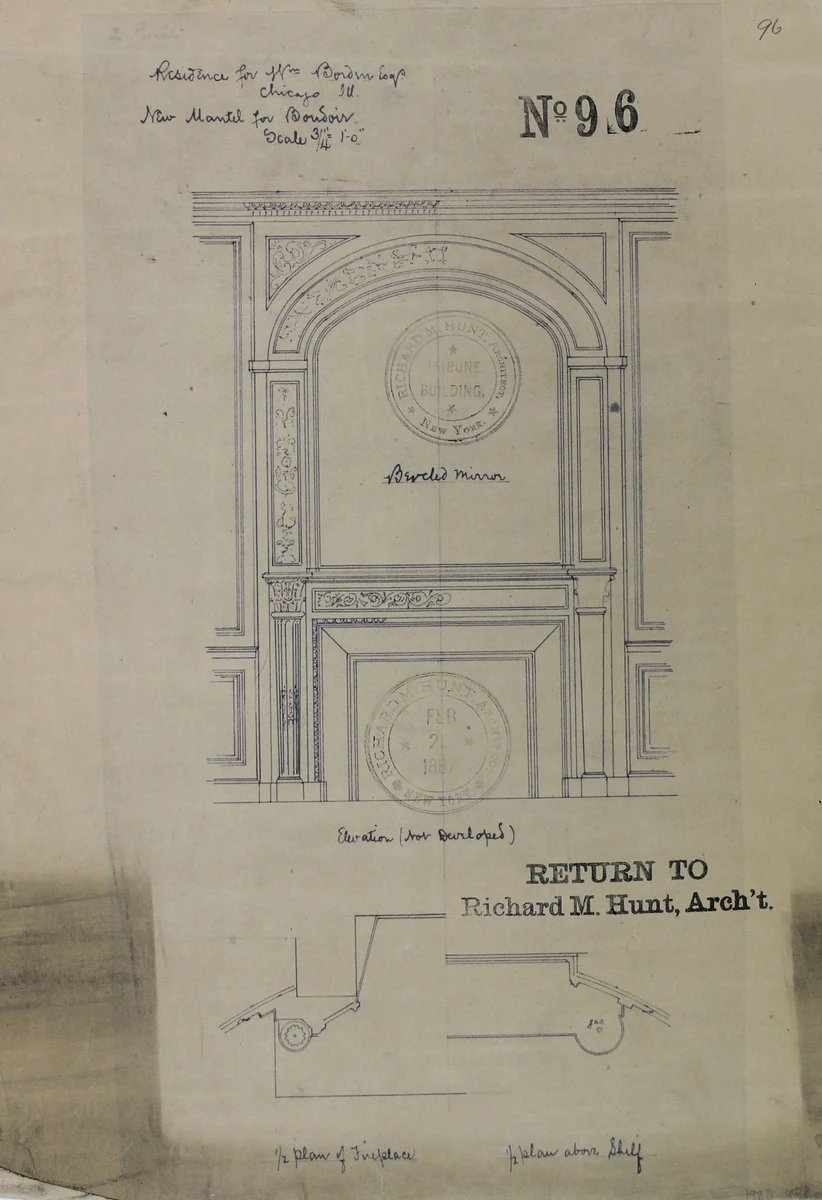 William Borden, Esq. Residence, Chicago, Illinois, Mantel Details by Richard Morris Hunt, drawing, 1887