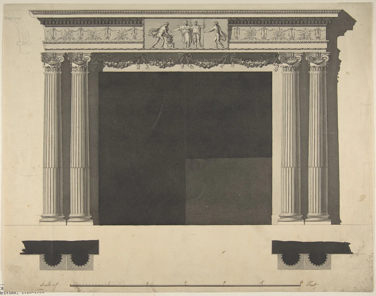 Design for a Chimneypiece with Ionic columns, a Frieze, and Cornice by Sir William Chambers, drawing, 1743-1796