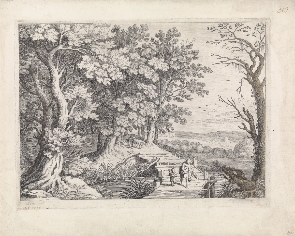 Landschap met Abraham en Isaak by Guilliam van Nieulandt, print, 1594-1635