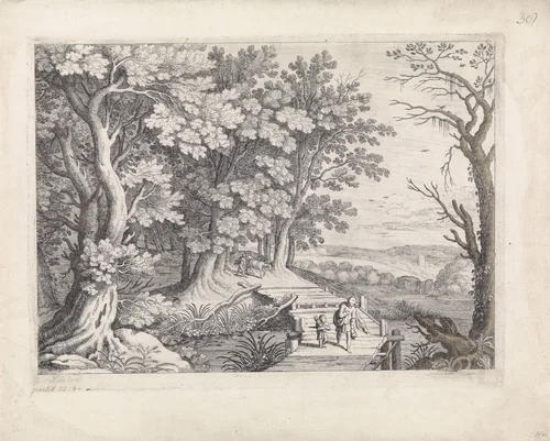 Landschap met Abraham en Isaak by Guilliam van Nieulandt, print, 1594-1635