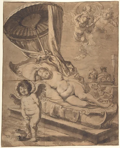 Venus and Cupid (recto); Studies of a Woman (verso) by Nikolaus Knüpfer, drawing, 1620-1660