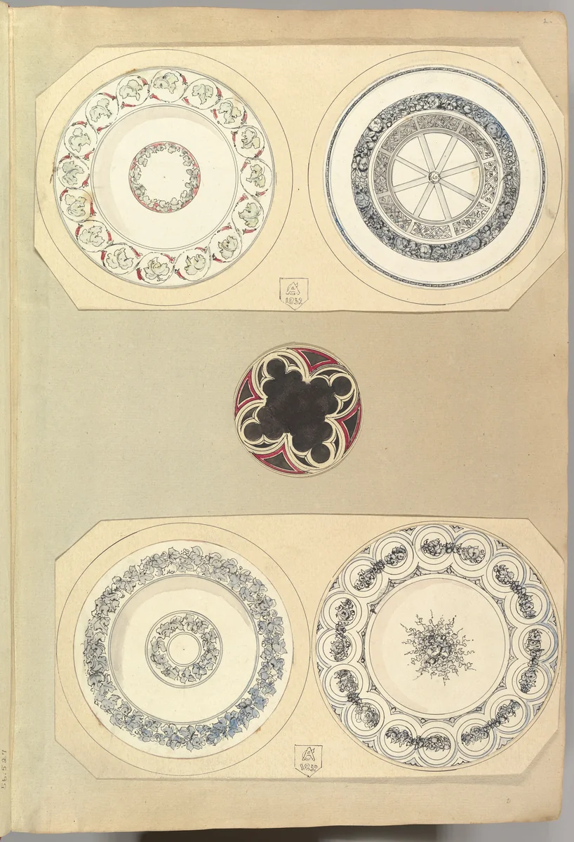 Four Designs for Decorated Plates and a Quatrefoil Rondel by Alfred Forrester, drawing, 1852