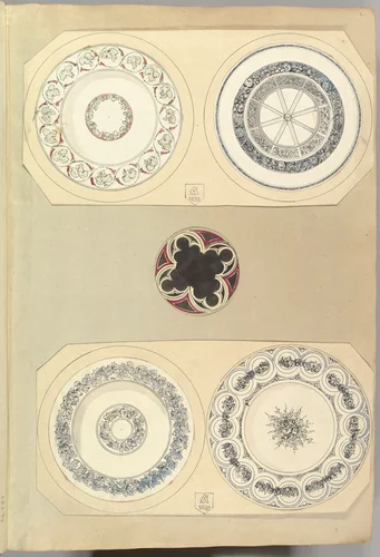 Four Designs for Decorated Plates and a Quatrefoil Rondel by Alfred Forrester, drawing, 1852