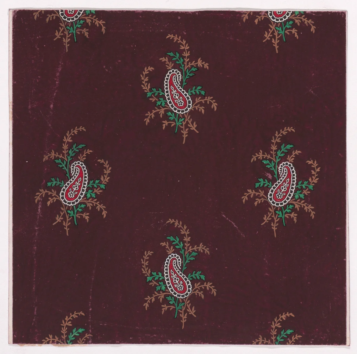 Textile Design with Alternating Rows of Bunches of Scrolling Branches with Stylized Leaves and a Paisley Motif by anonymous, drawing, 1840