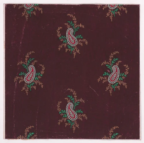 Textile Design with Alternating Rows of Bunches of Scrolling Branches with Stylized Leaves and a Paisley Motif by anonymous, drawing, 1840