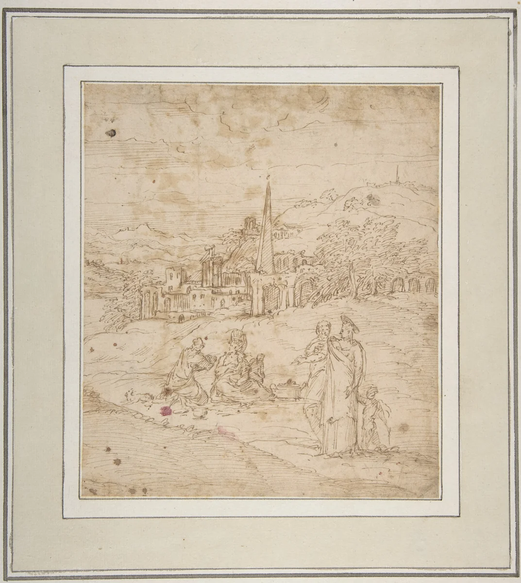 Standing and Seated Figures in a Landscape with an Obelisk by Giovanni Battista Pittoni, drawing, 1520-1583