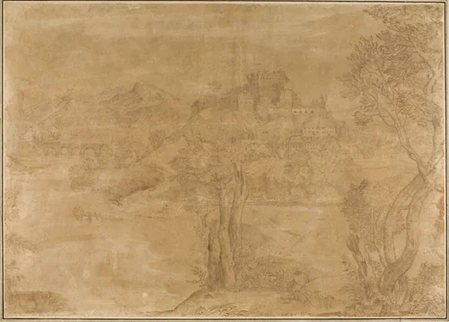 River Landscape with Castle by Giovanni Francesco Grimaldi, drawing, 1626-1799