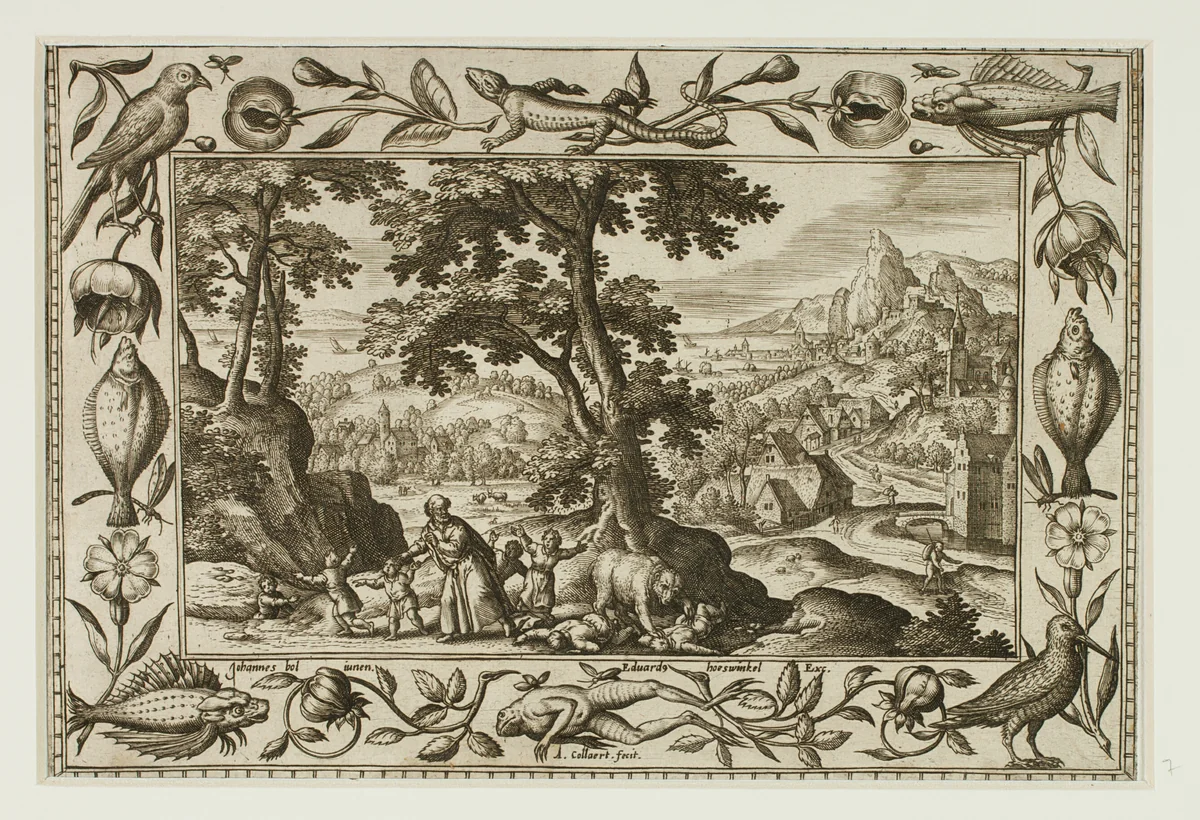 The Mocking Children Cursed by Elijah and Eaten by the She-Bear, from Landscapes with Old and New Testament Scenes and Hunting Scenes by Adriaen Collaert, print, 1584