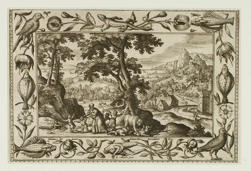 The Mocking Children Cursed by Elijah and Eaten by the She-Bear, from Landscapes with Old and New Testament Scenes and Hunting Scenes by Adriaen Collaert, print, 1584