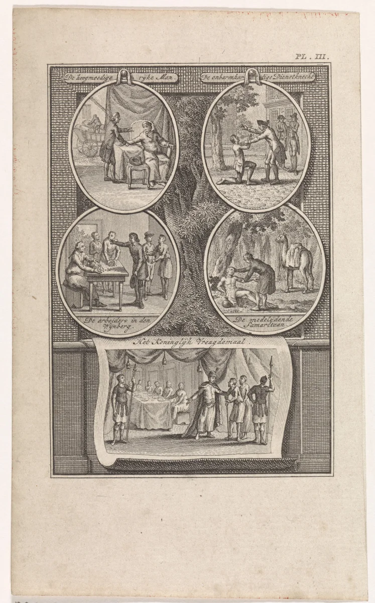 Vijf bijbelse voorstellingen op een blad by Theodoor Koning, print, 1794