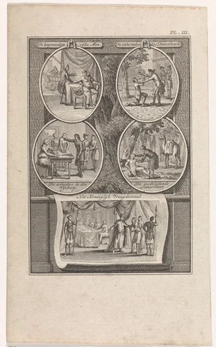 Vijf bijbelse voorstellingen op een blad by Theodoor Koning, print, 1794