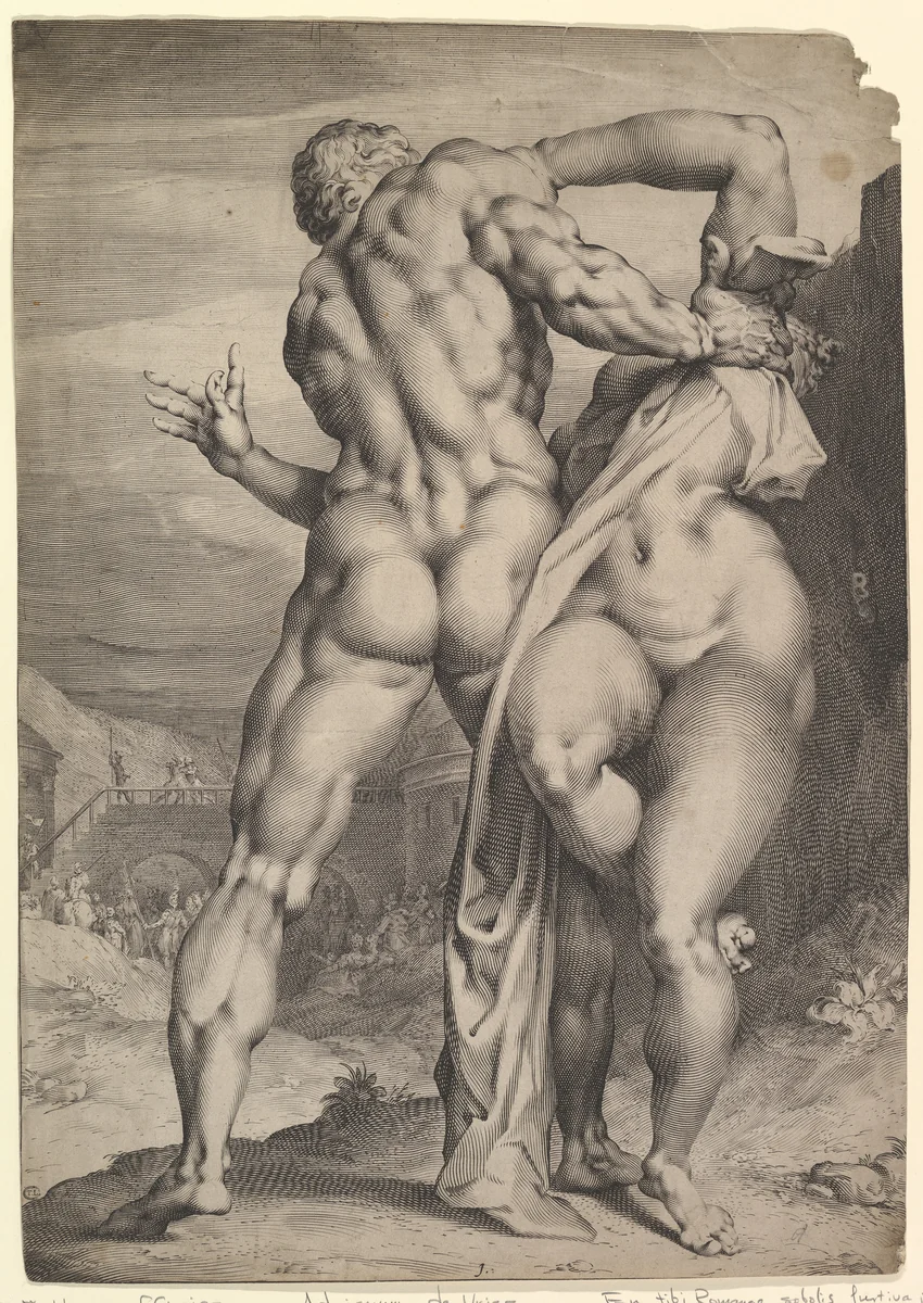 The Abduction of a Sabine Women (view from behind) by Jan Muller, print, 1593-1603
