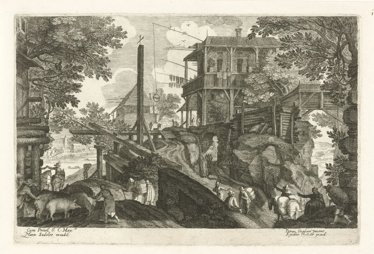 Herberg met reizigers by Aegidius Sadeler, print, 1597-1629