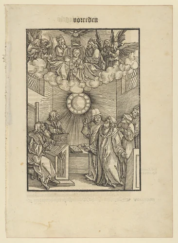 The Author Writing the Layenspiegel; The Trinity and the Virgin at the Upper Center, from "Der Neue Layenspiegel" by Hans Schäufelein, print, 1511
