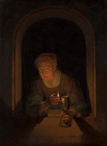 Young Woman Holding a Lamp by Gerrit Dou, painting, 1660