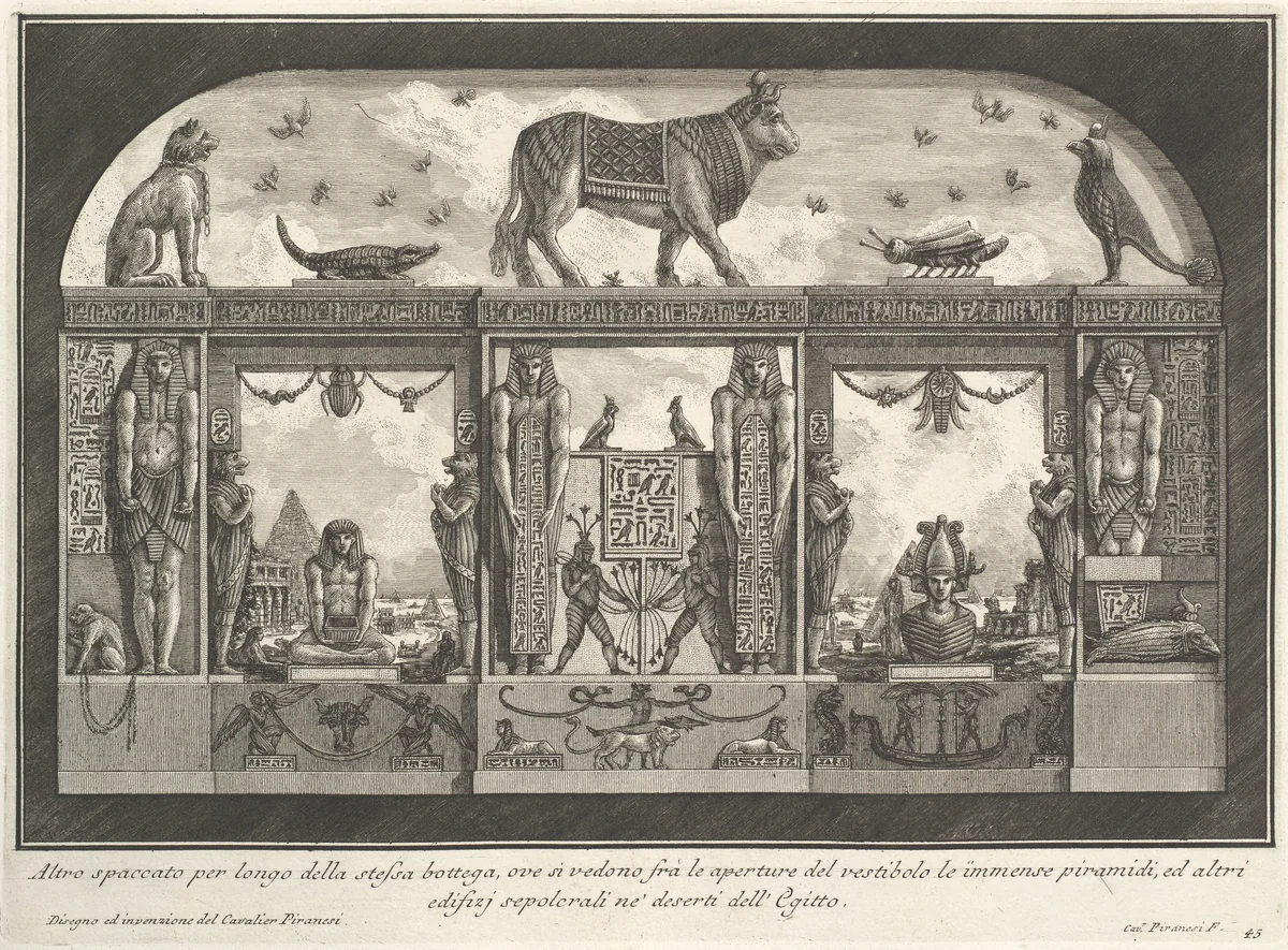 Egyptian decoration of the Caffè degli Inglesi: Animals on the cornice, including a bull at the center, from "Diverse Maniere d'adornare i cammini..." (Diverse Ways of ornamenting chimneypieces...) by Giovanni Battista Piranesi, print, 1769