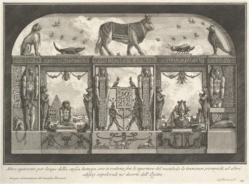 Egyptian decoration of the Caffè degli Inglesi: Animals on the cornice, including a bull at the center, from "Diverse Maniere d'adornare i cammini..." (Diverse Ways of ornamenting chimneypieces...) by Giovanni Battista Piranesi, print, 1769