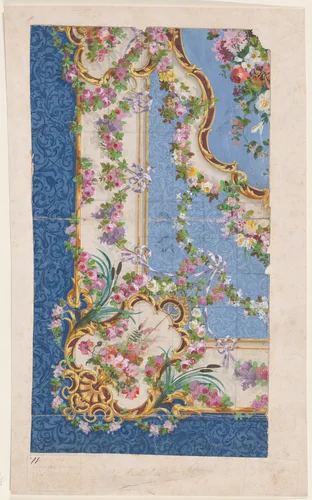Design for a Rug with Ornamental Frames and Garlands and Festoons of Leaves, Flowers, and Ribbons Over a Background of Arabesques by Braquenié et cie., drawing, 1858-1900