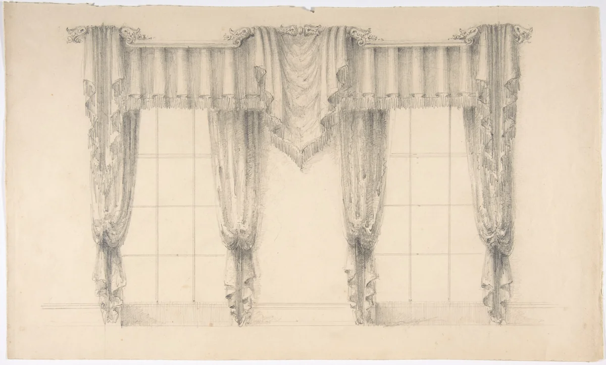Design for Fringed Curtains Surrounding Two WIndows by anonymous, drawing, 1800-1850