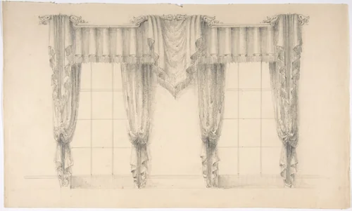 Design for Fringed Curtains Surrounding Two WIndows by anonymous, drawing, 1800-1850