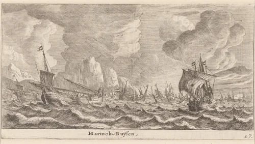 Herring-Busses by Reinier Nooms, print, 1647-1657