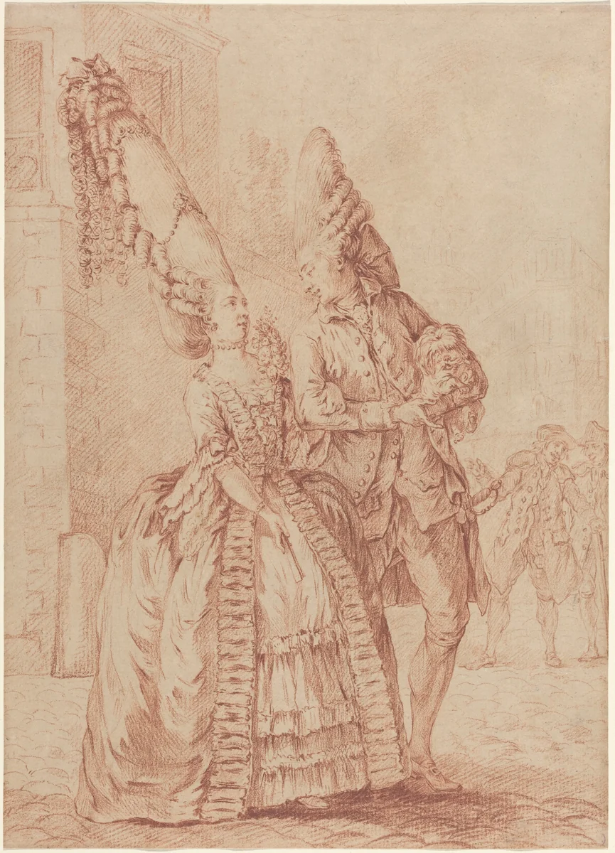 A Lady and Gentleman with Exaggerated Headdresses by Pierre Thomas Le Clerc, drawing, 1778-1780