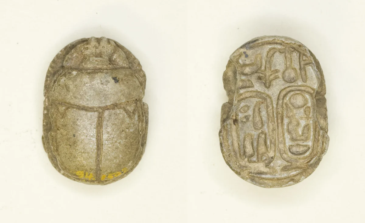 Scarab: Nebmaatra (Amenhotep III) and Queen Tiye by Egyptian, other, -1390--1352