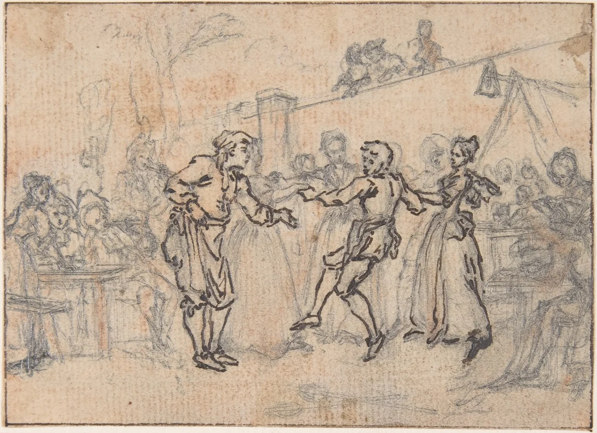 Study for "Hob Continues Dancing in Spite of his Father," etched vignette in "Songs in the Opera of Flora" by Hubert François Gravelot, drawing, 1710-1773