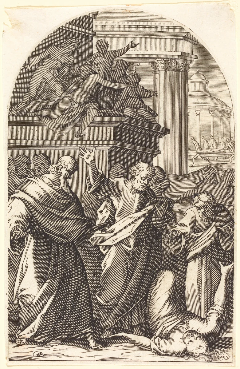 Sapphira Punished by Death by Jacques Callot, print, 1608-1611