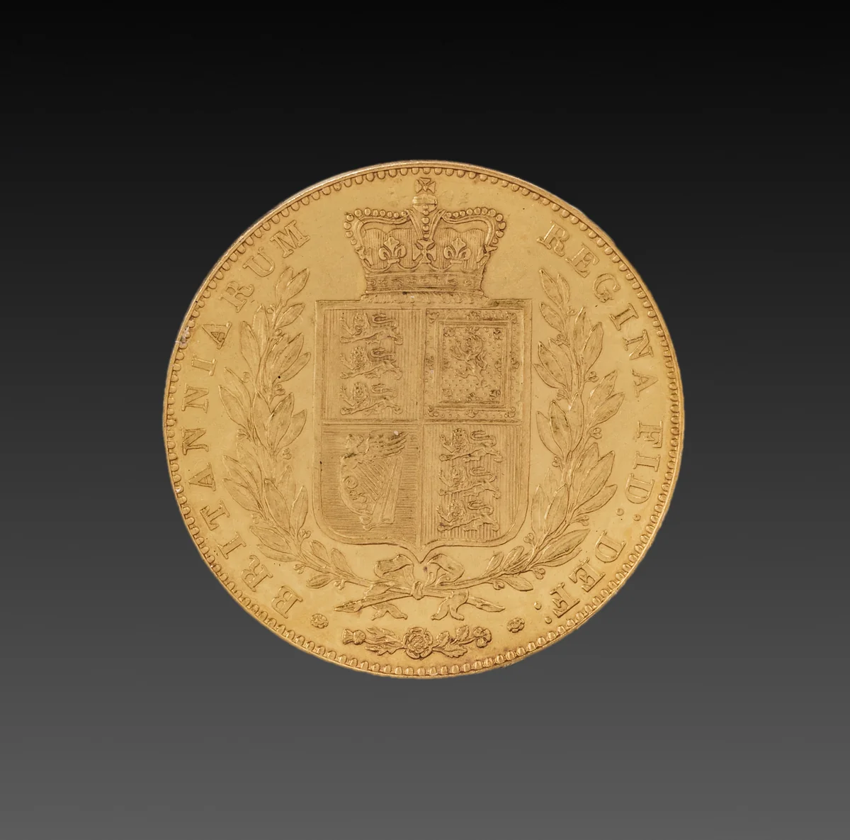 Sovereign: Broad Crowned Shield of Arms, Olive Branches and National Emblems (reverse) by William Wyon, metalwork, 1839