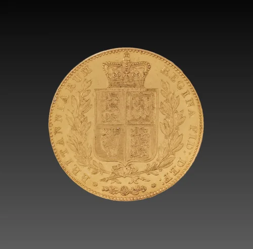 Sovereign: Broad Crowned Shield of Arms, Olive Branches and National Emblems (reverse) by William Wyon, metalwork, 1839