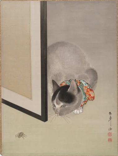 Cat Watching a Spider by Oide Tōkō, painting, 1888-1892