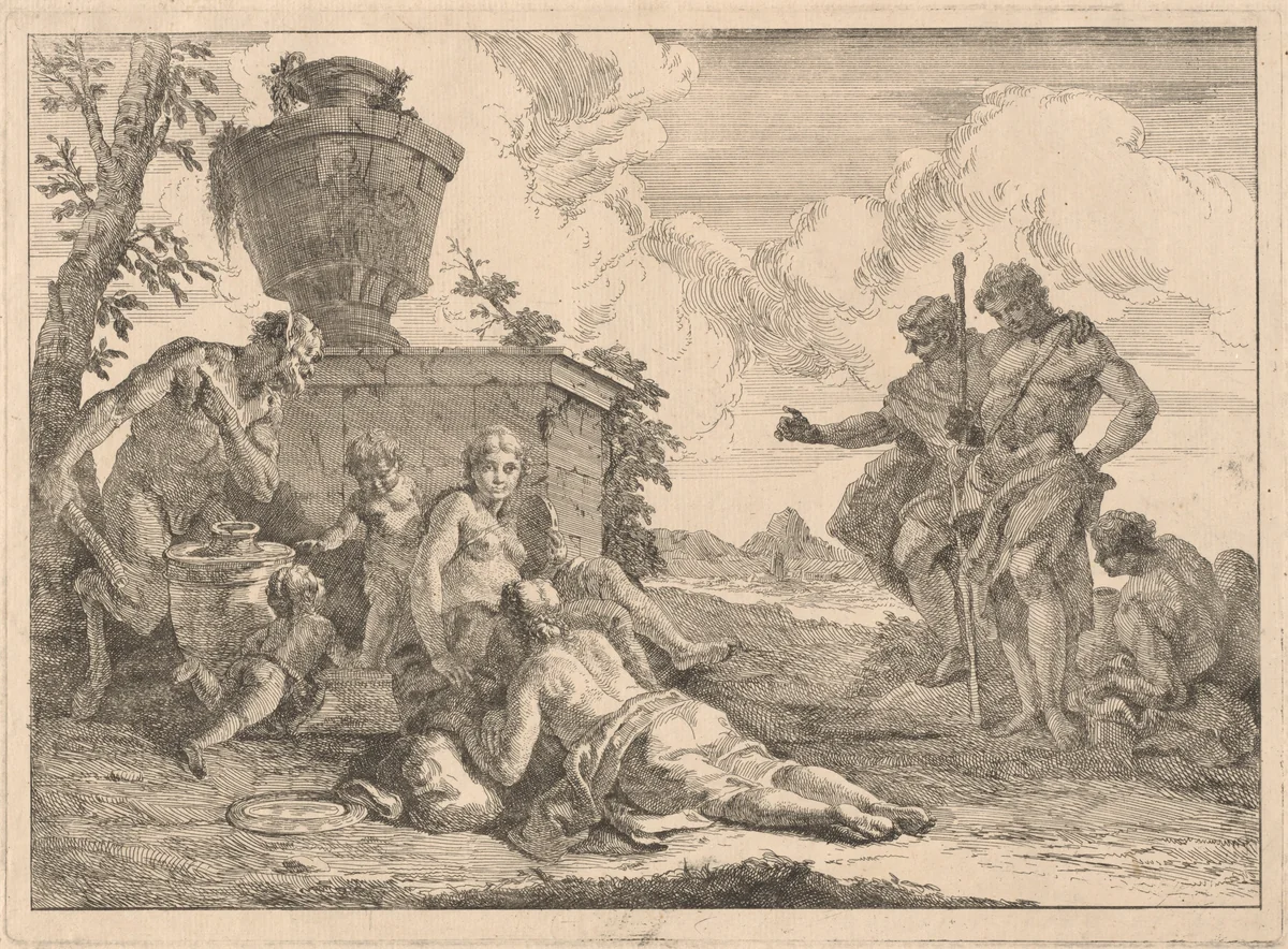 A Satyr with a Staff and Seven Other Figures by Francesco Fontebasso, print, 1744