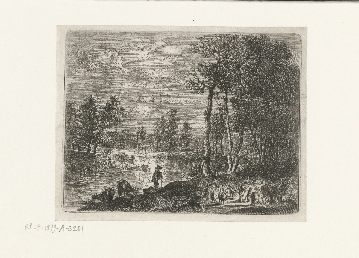 Landschap bij nacht met boeren en vee by Lucas van Uden, print, 1605-1673