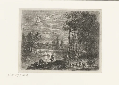 Landschap bij nacht met boeren en vee by Lucas van Uden, print, 1605-1673