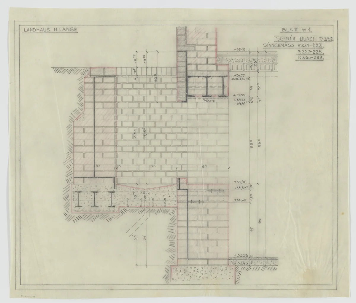 Hermann Lange House, Krefeld, Germany (Section; wall, structural detail.) by Ludwig Mies van der Rohe, mies van der rohe archive, 1927