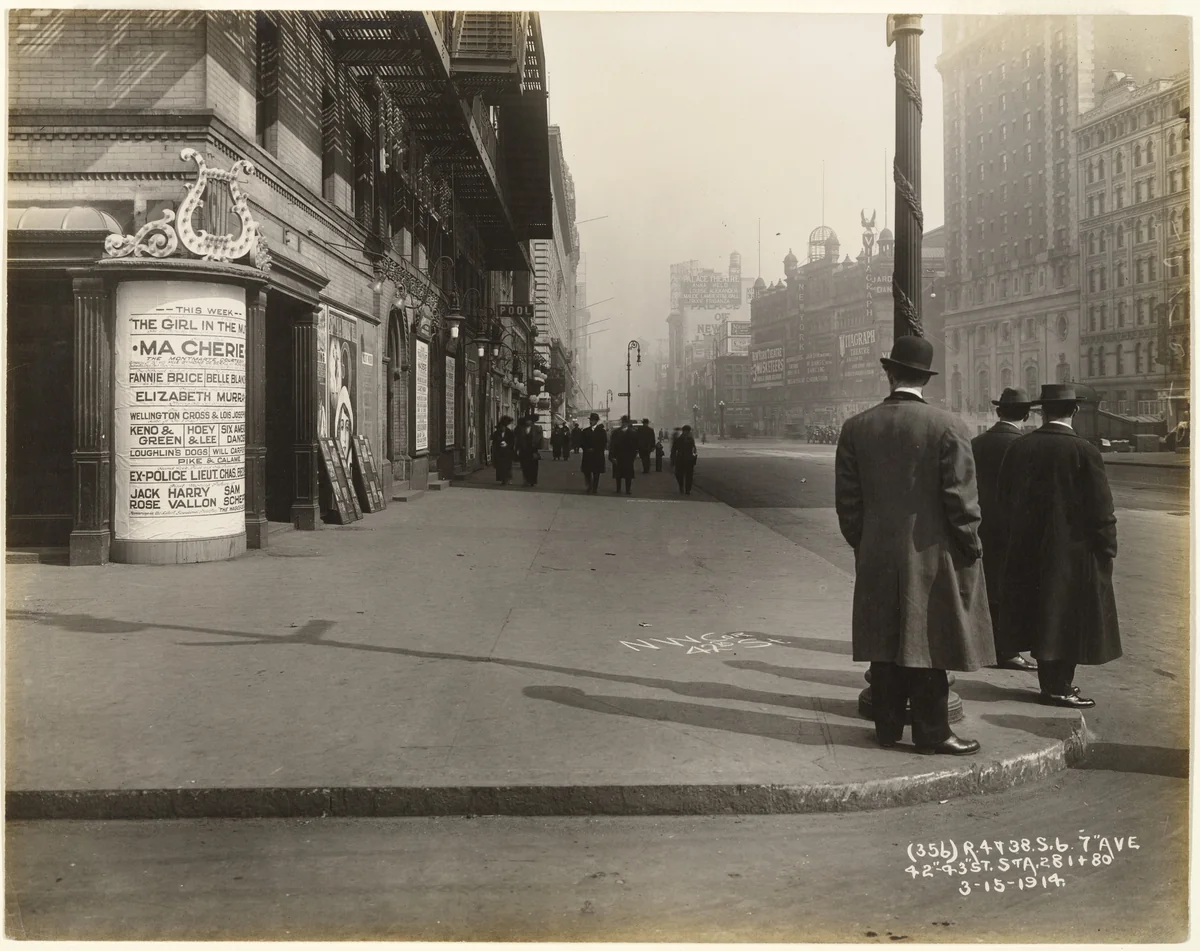 Seventh Avenue, 42nd and 43rd Streets, New York City. View, Facing North, Along West Side of Seventh Avenue, Showing Sidewalk Conditions. Time 10:27am. by Unidentified Photographer, photograph, 1914