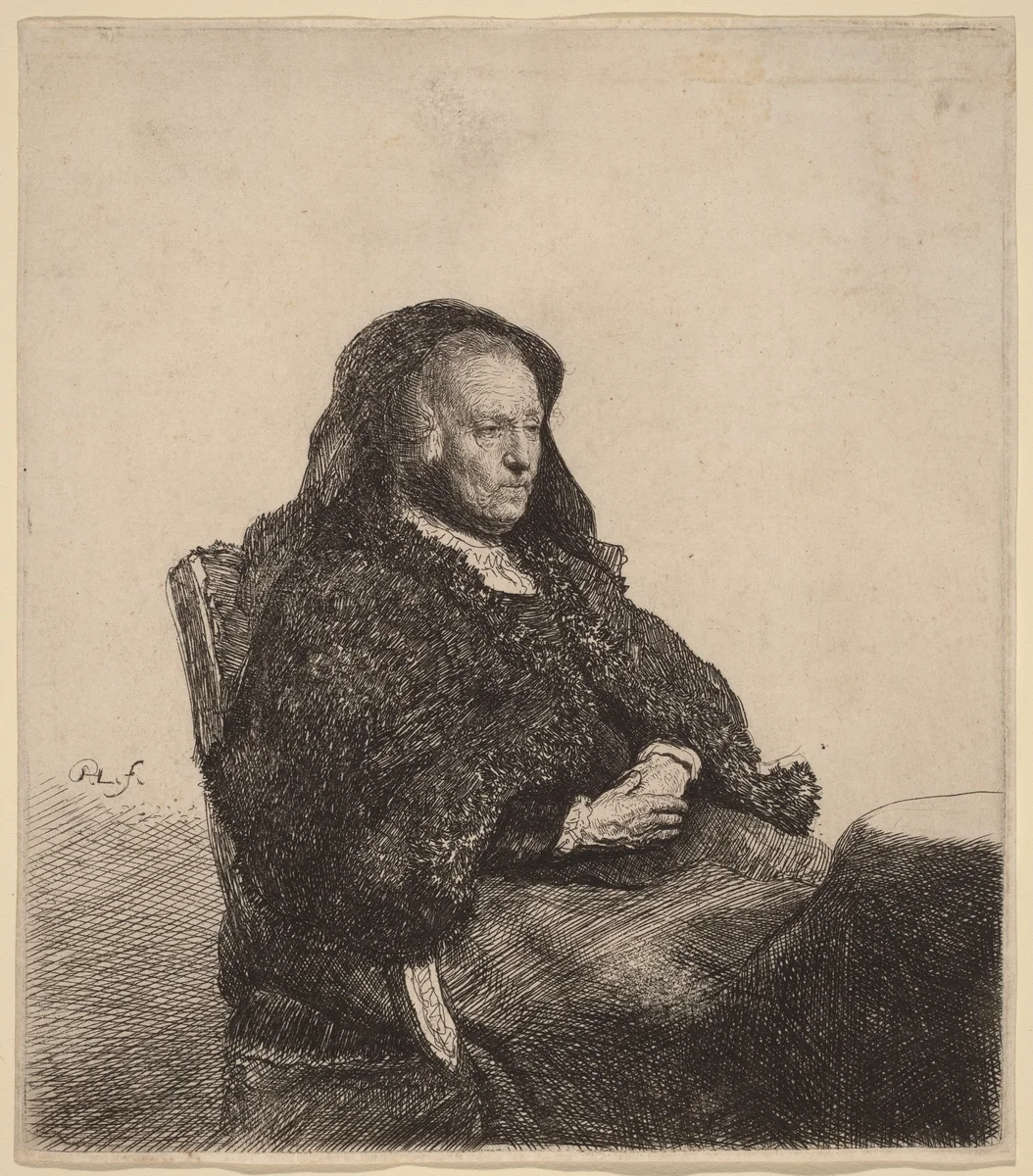 The Artist's Mother Seated at a Table, Looking Right by Rembrandt van Rijn, print, 1631