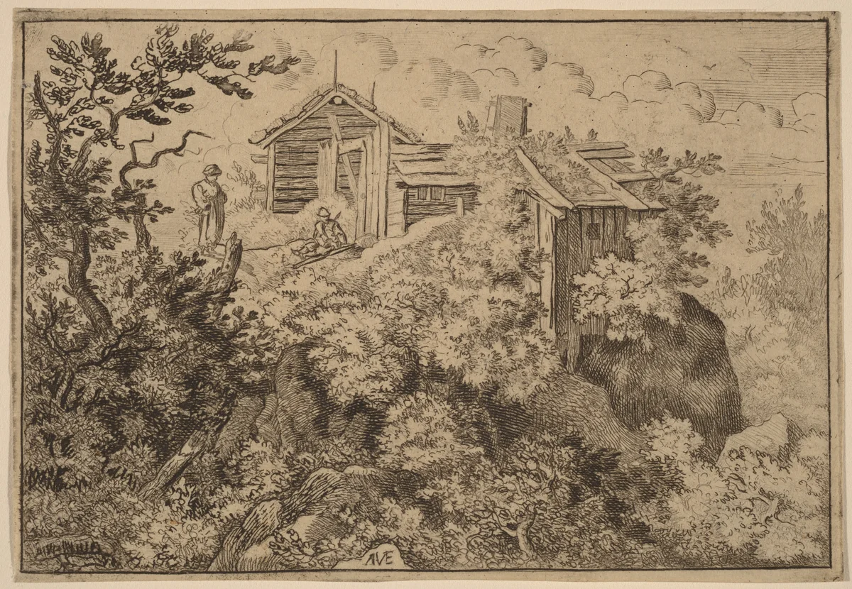 Three Cottages on a Rock by Allart van Everdingen, print, 1645-1656